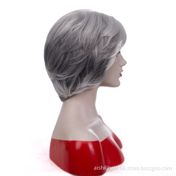 Short Stright Silk Nature Wave Synthetic Hiar Wigs With Cut Silver Gray Ombre Dark Gray Wigs For White Women